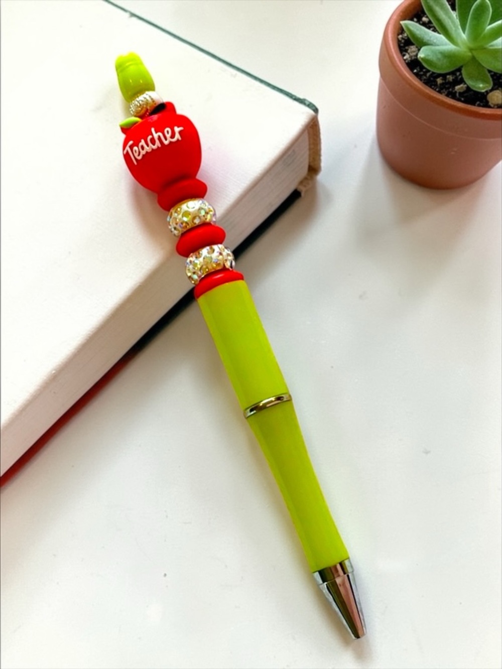 Teacher Apple Charm Lime Green Beaded Ballpoint Pen Handmade